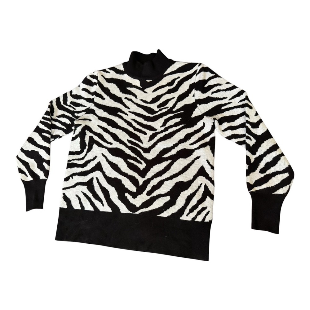 Metric‎ Knits Zebra Print Mock Neck Sweater Womens Small Black White Animal Kni